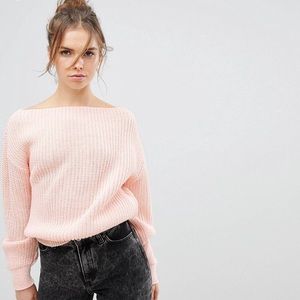 ASOS GLAMOROUS PINK OFF SHOULDER RIBBED SWEATER